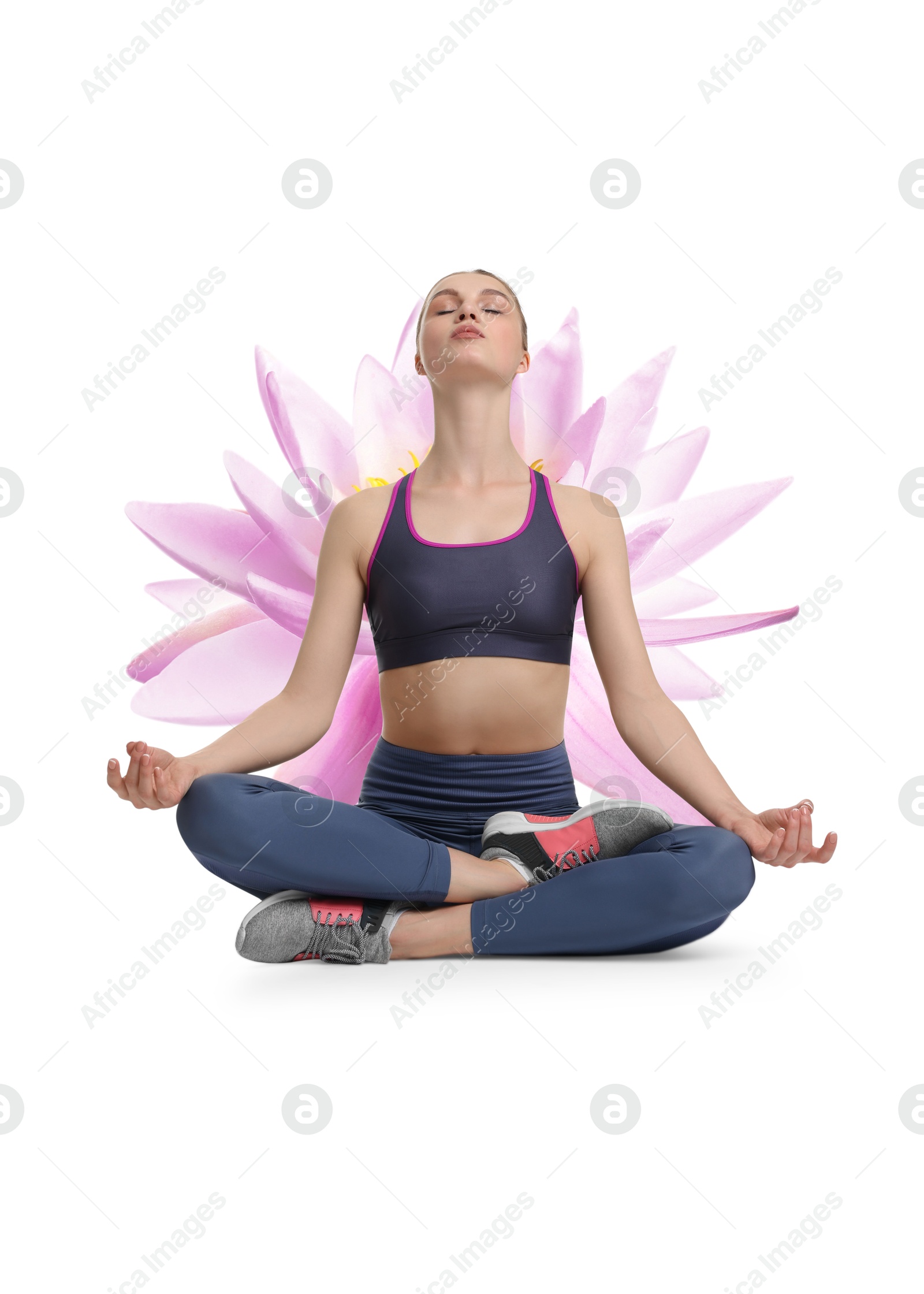 Image of Woman meditating and beautiful lotus flower behind her on white background. Padmasana (yoga lotus position)