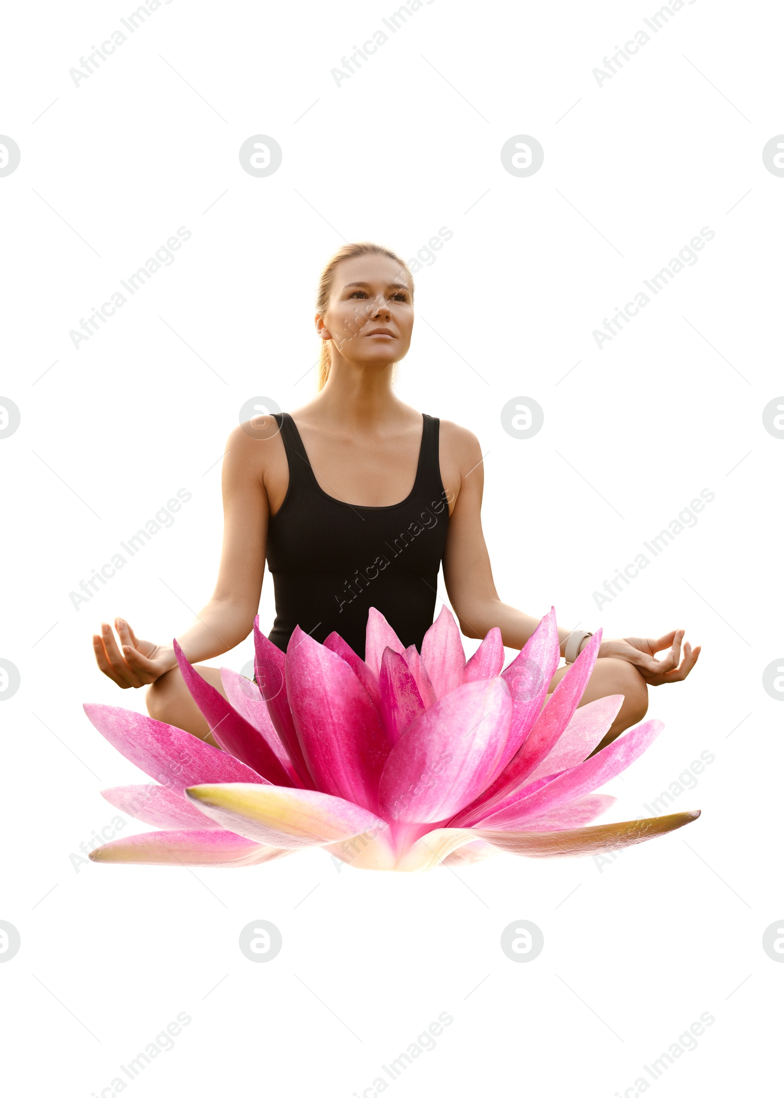 Image of Woman practicing yoga and beautiful lotus on white background. Padmasana (lotus position)