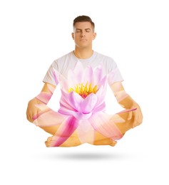 Image of Man meditating, double exposure with beautiful lotus flower on white background. Padmasana (yoga lotus position)