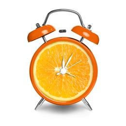 Image of Alarm clock with sliced orange instead of dial on white background