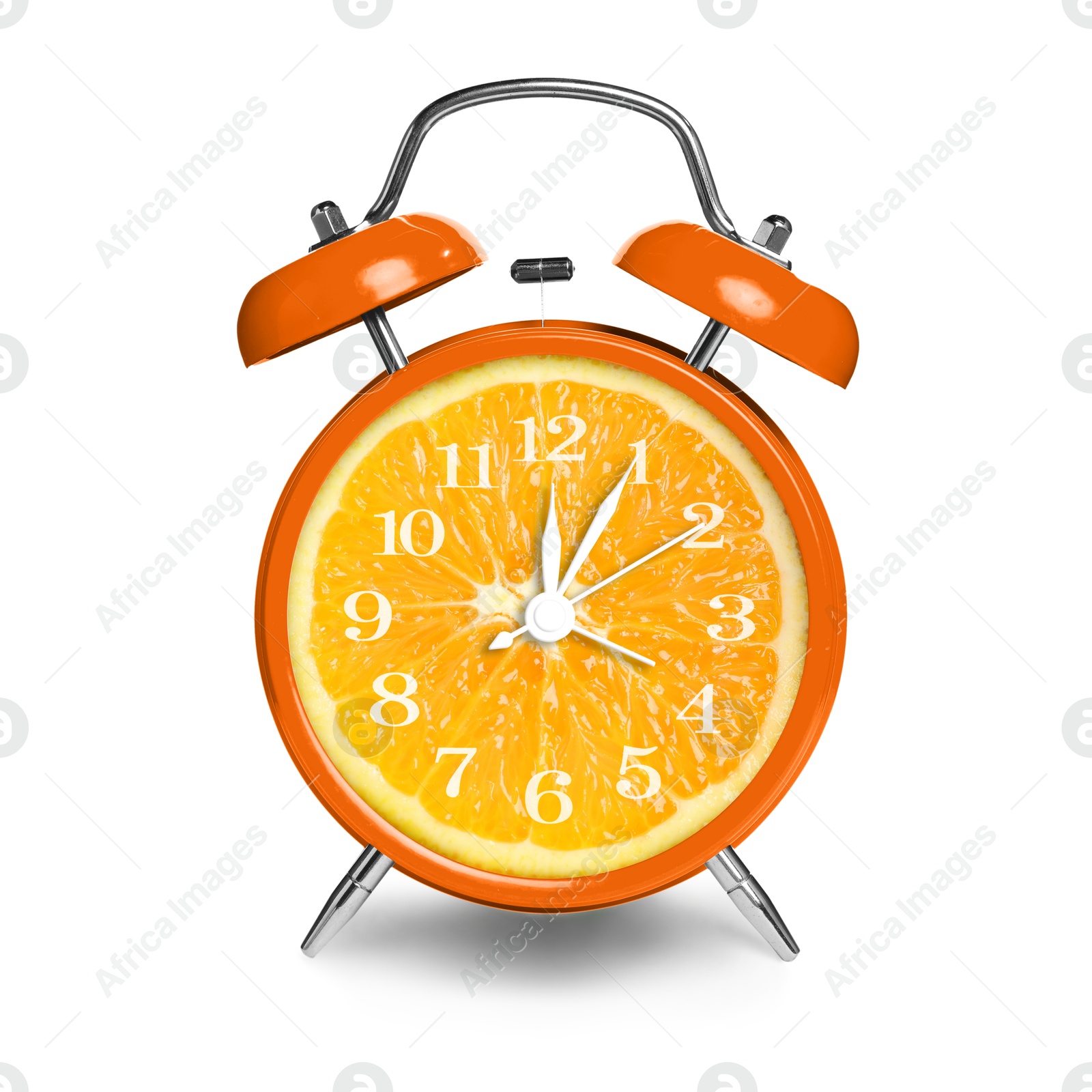 Image of Alarm clock with sliced orange instead of dial on white background