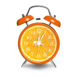 Image of Alarm clock with sliced orange instead of dial on white background