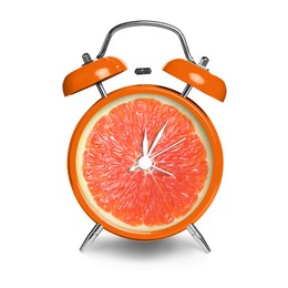 Image of Alarm clock with sliced orange instead of dial on white background