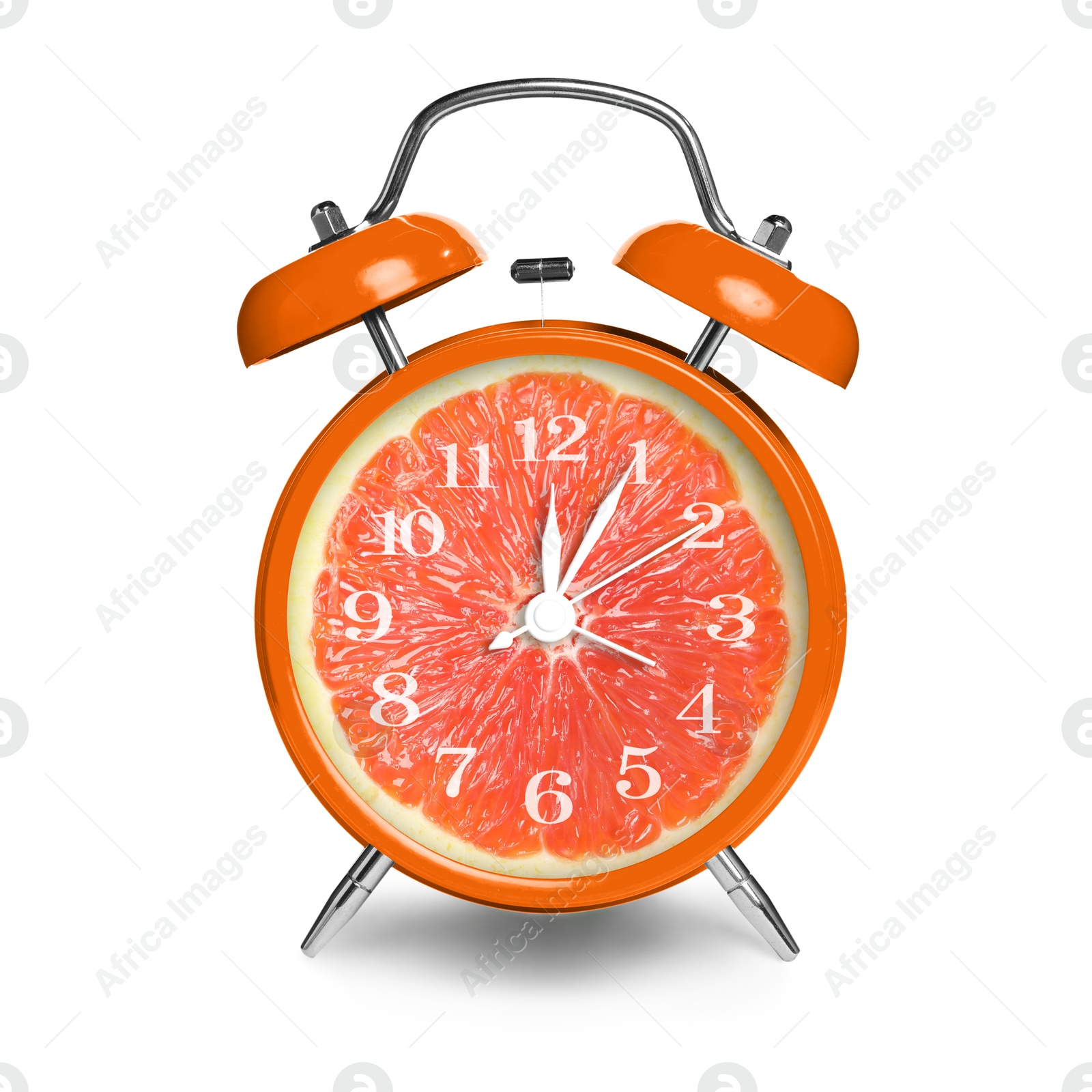 Image of Alarm clock with sliced orange instead of dial on white background