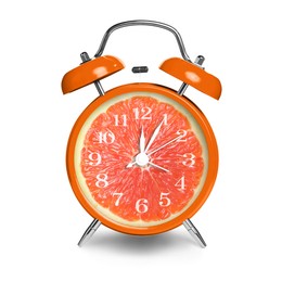 Image of Alarm clock with sliced orange instead of dial on white background