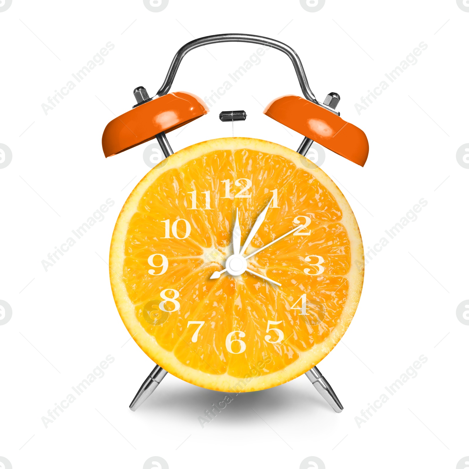 Image of Alarm clock with sliced orange instead of dial on white background