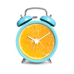 Image of Alarm clock with sliced orange instead of dial on white background