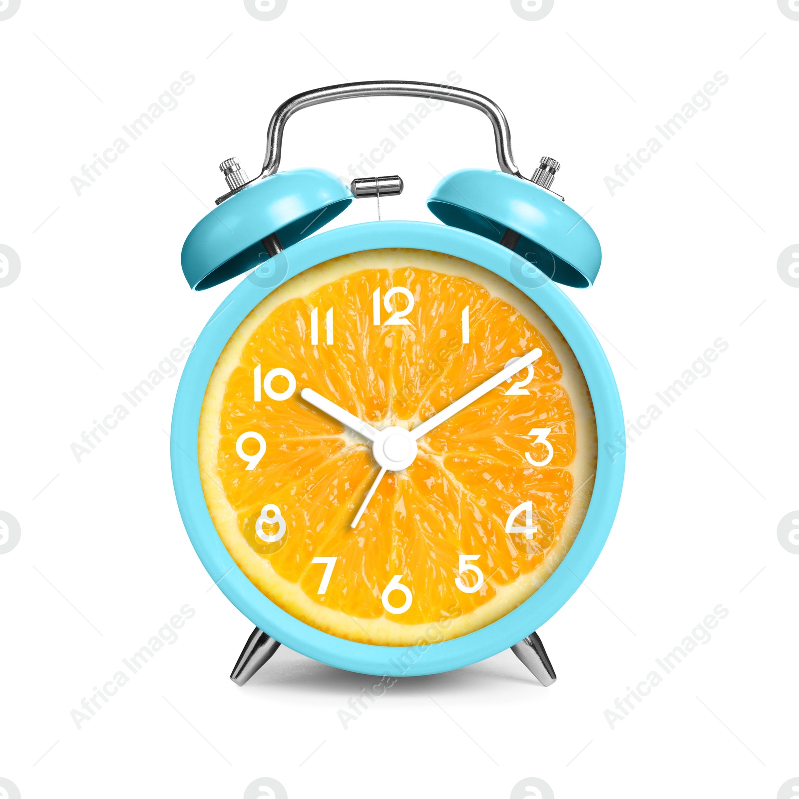 Image of Alarm clock with sliced orange instead of dial on white background