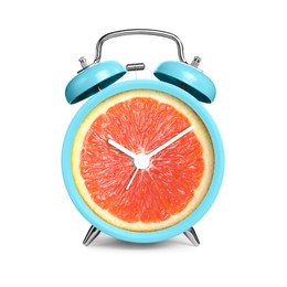 Image of Alarm clock with sliced orange instead of dial on white background