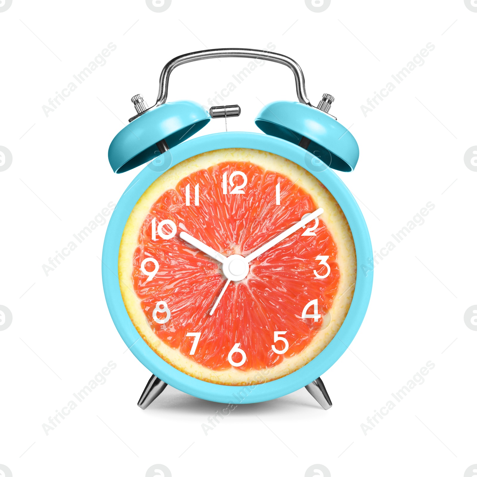 Image of Alarm clock with sliced orange instead of dial on white background