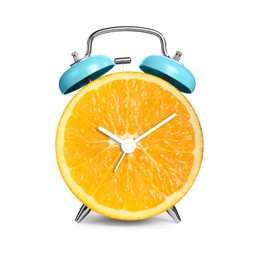 Image of Alarm clock with sliced orange instead of dial on white background