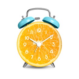 Image of Alarm clock with sliced orange instead of dial on white background