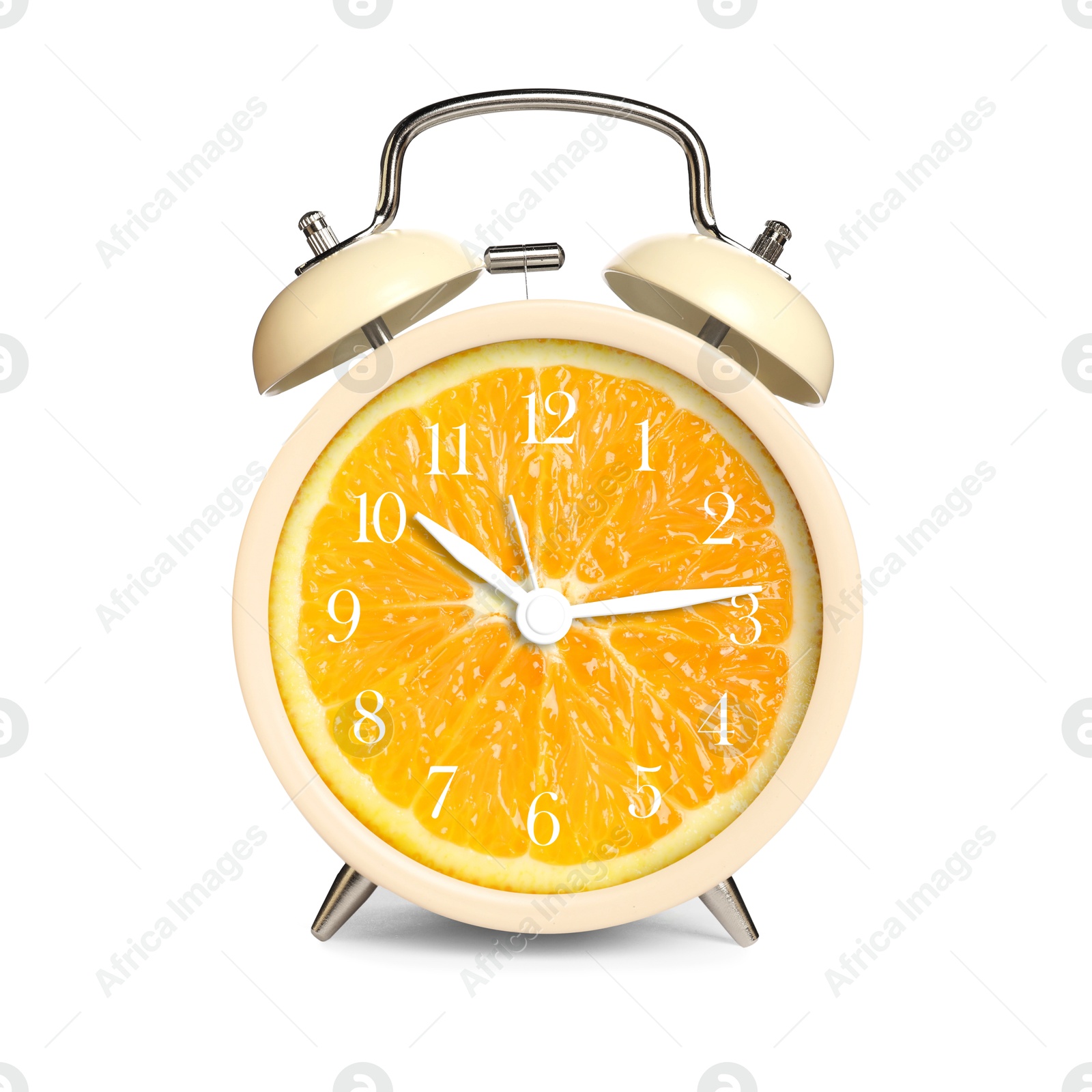 Image of Alarm clock with sliced orange instead of dial on white background