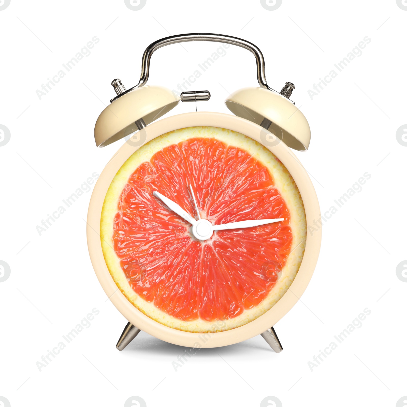 Image of Alarm clock with sliced orange instead of dial on white background