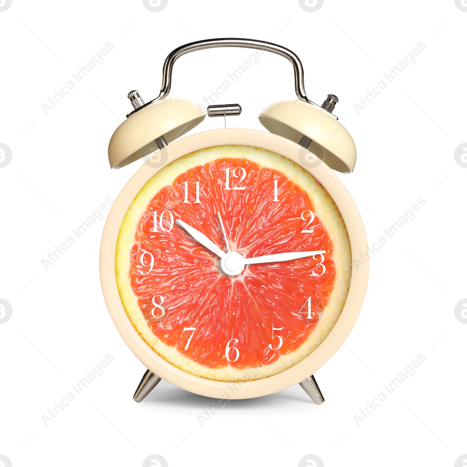 Image of Alarm clock with sliced orange instead of dial on white background