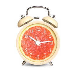 Image of Alarm clock with sliced orange instead of dial on white background