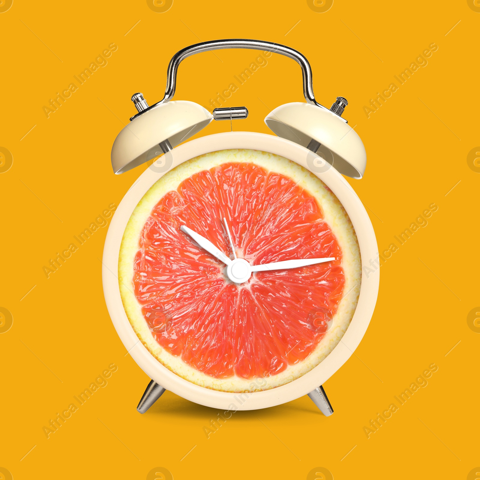 Image of Alarm clock with sliced orange instead of dial on orange background