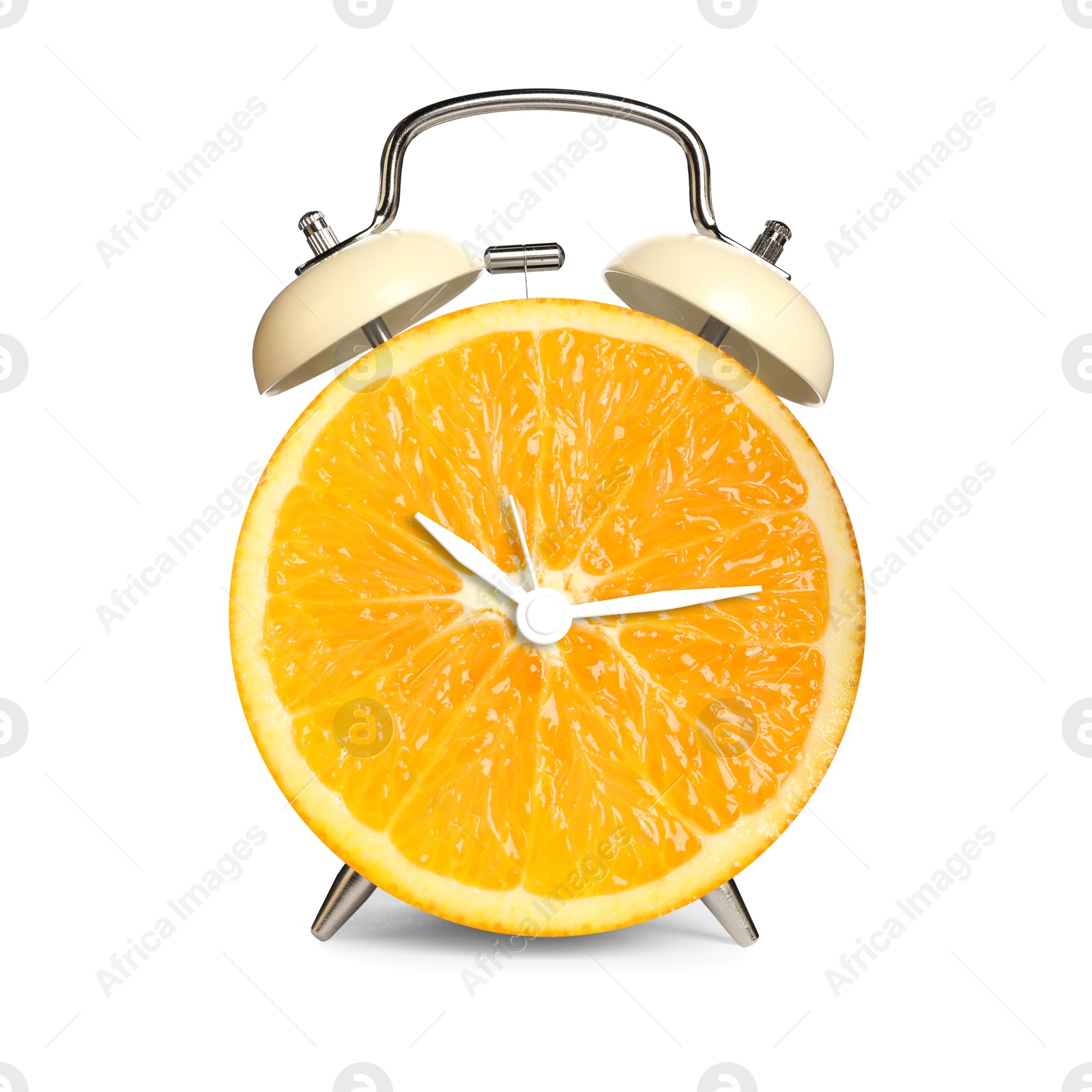 Image of Alarm clock with sliced orange instead of dial on white background