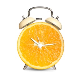 Image of Alarm clock with sliced orange instead of dial on white background