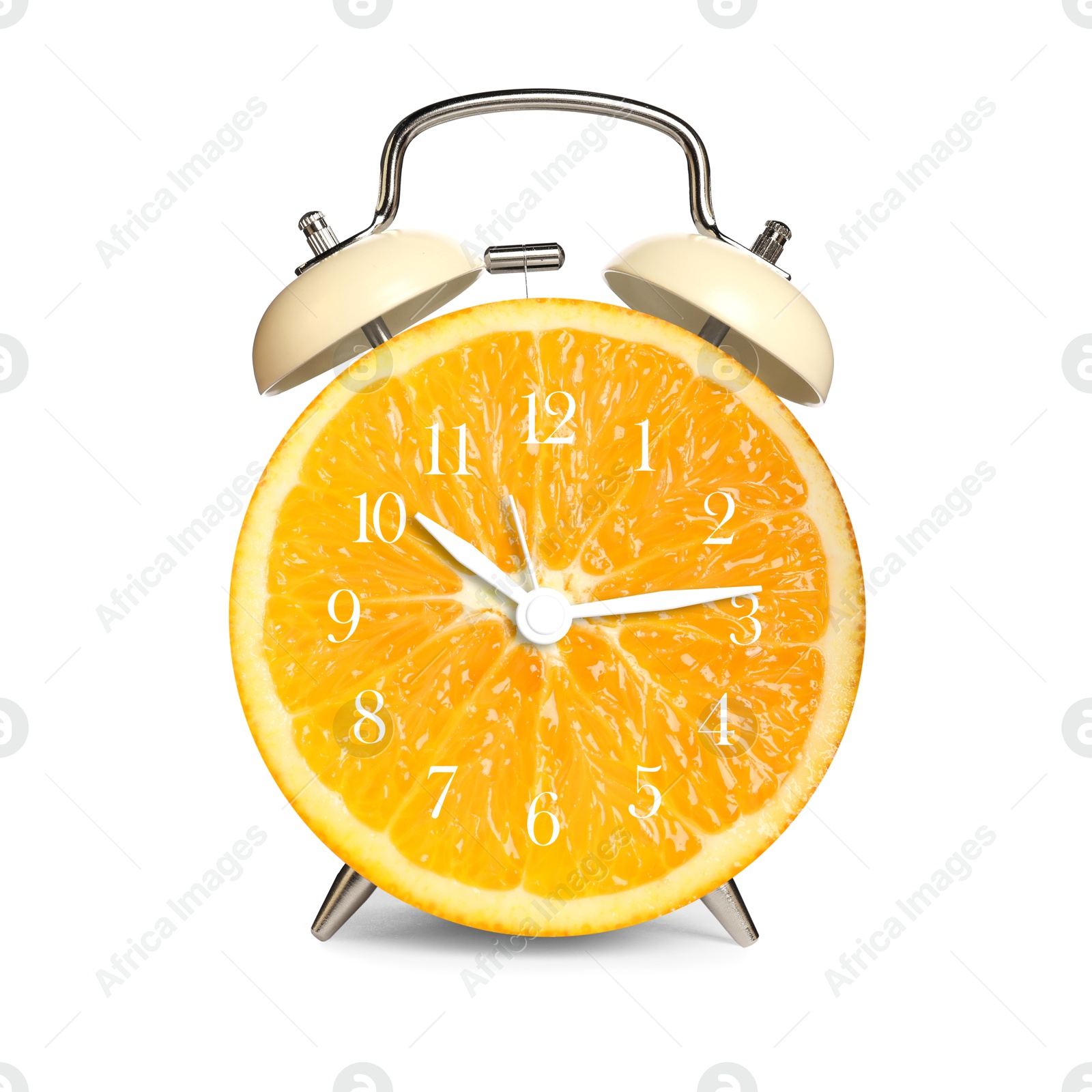 Image of Alarm clock with sliced orange instead of dial on white background