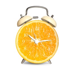 Image of Alarm clock with sliced orange instead of dial on white background