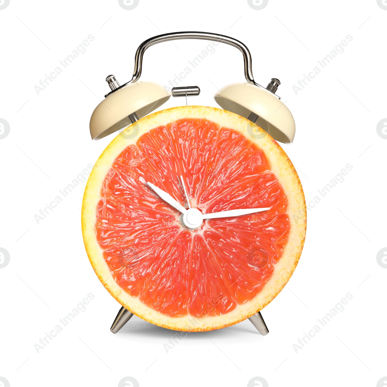 Image of Alarm clock with sliced orange instead of dial on white background