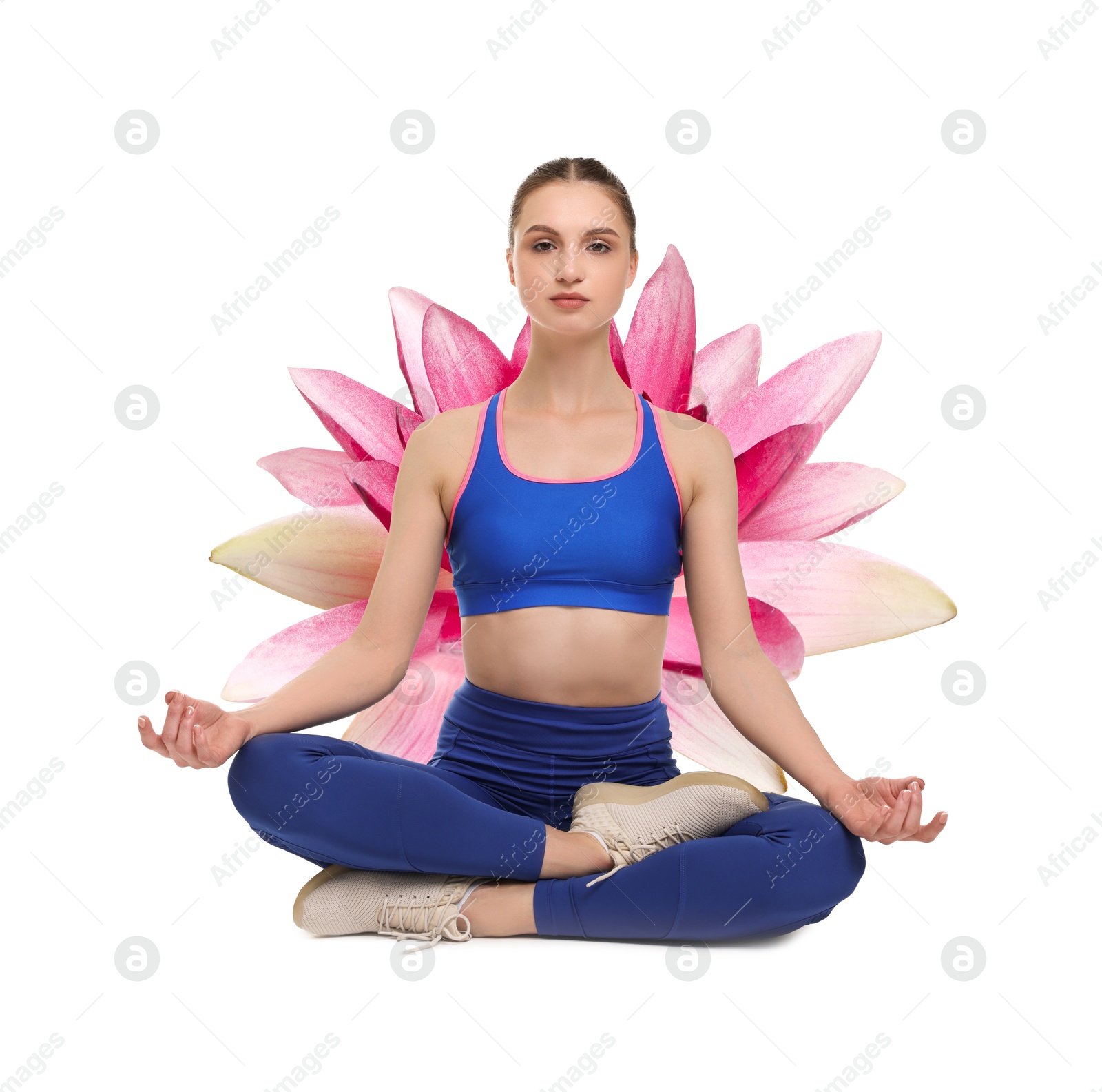 Image of Woman practicing yoga and beautiful lotus behind her on white background. Padmasana (lotus position)