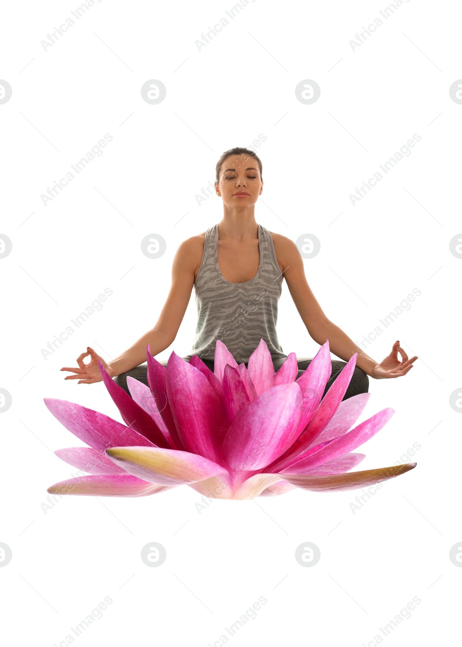 Image of Woman meditating and beautiful lotus flower on white background. Padmasana (yoga lotus position)