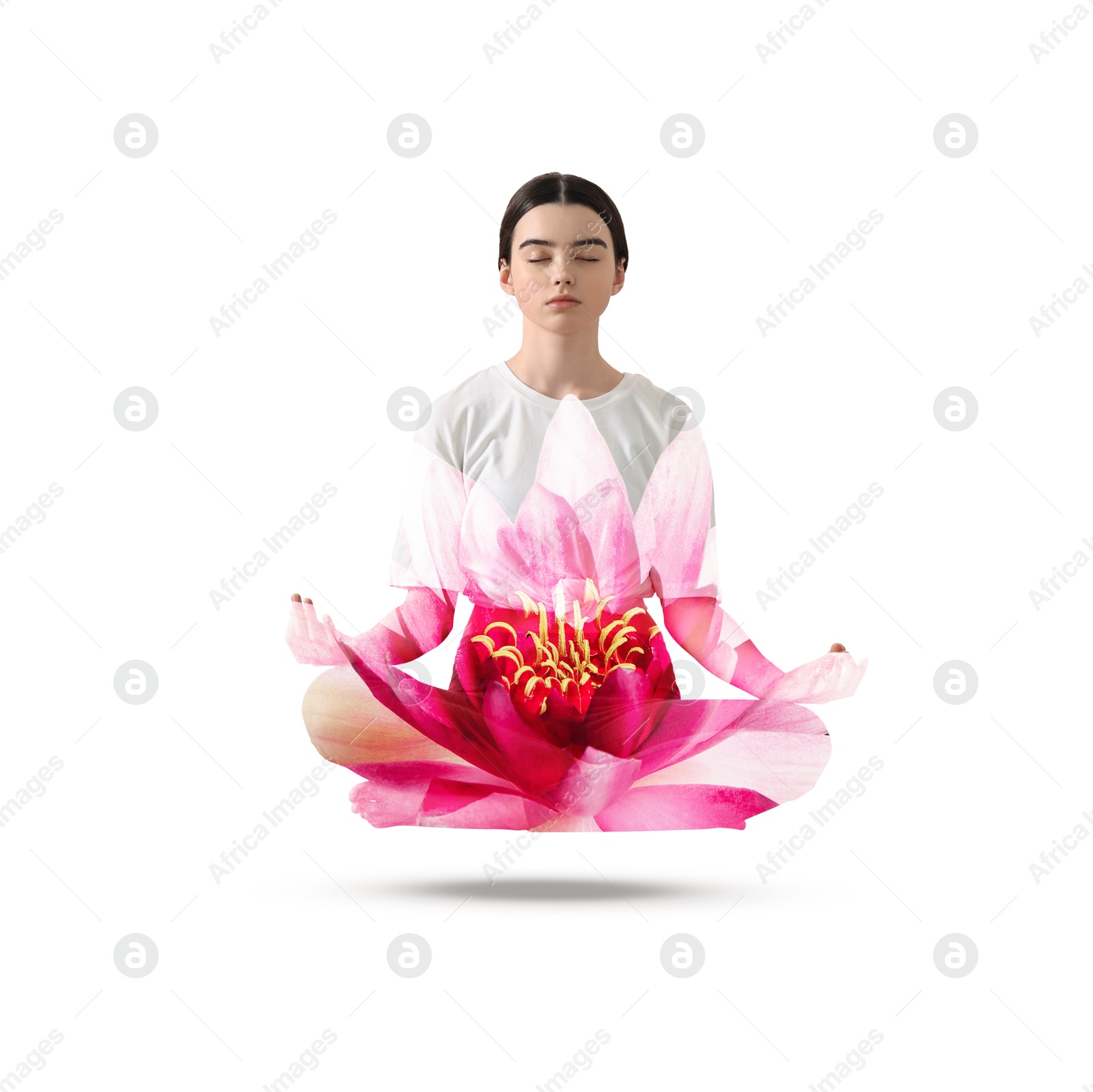 Image of Woman meditating, double exposure with beautiful lotus flower on white background. Padmasana (yoga lotus position)