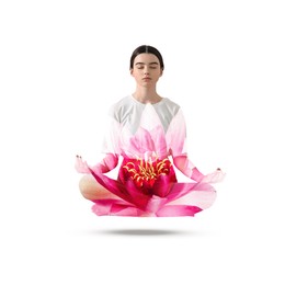 Woman meditating, double exposure with beautiful lotus flower on white background. Padmasana (yoga lotus position)