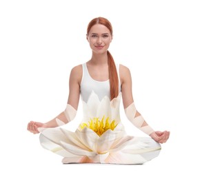 Image of Woman practicing yoga, double exposure with beautiful lotus flower on white background. Padmasana (lotus position)