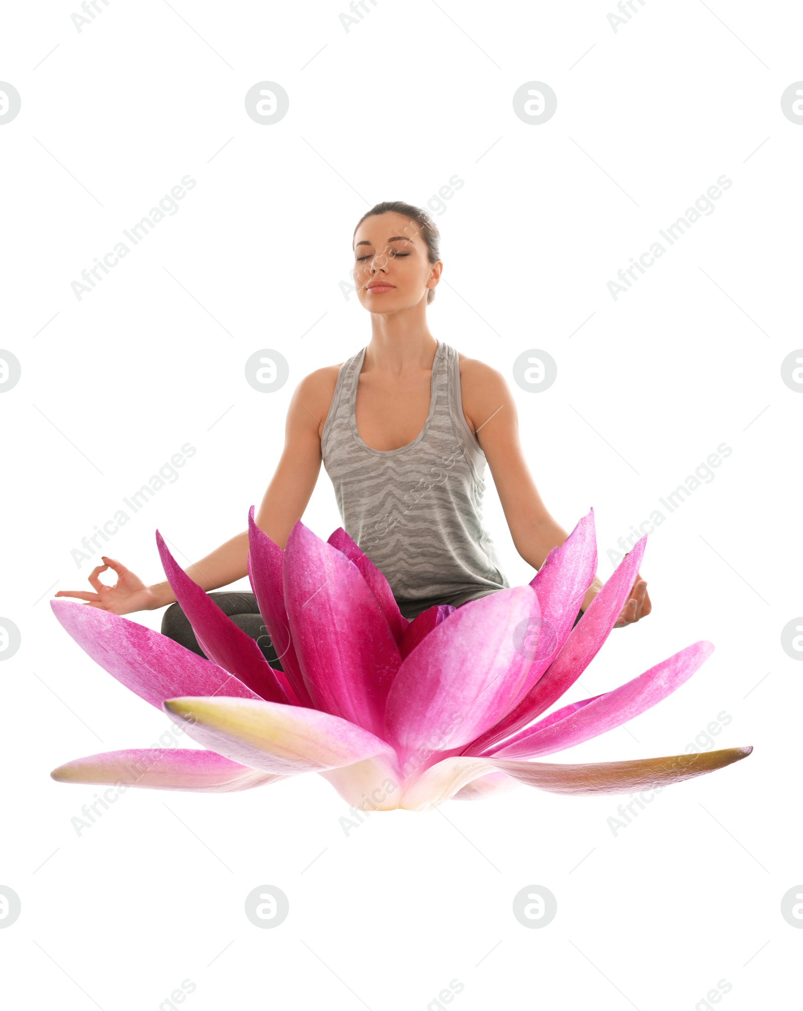 Image of Woman meditating and beautiful lotus flower on white background. Padmasana (yoga lotus position)