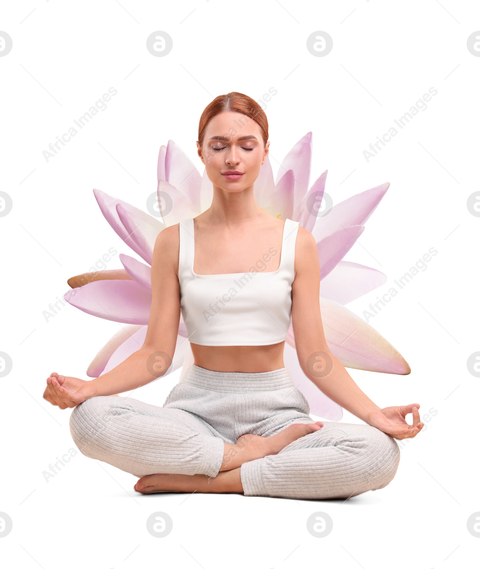 Image of Woman meditating and beautiful lotus flower behind her on white background. Padmasana (yoga lotus position)