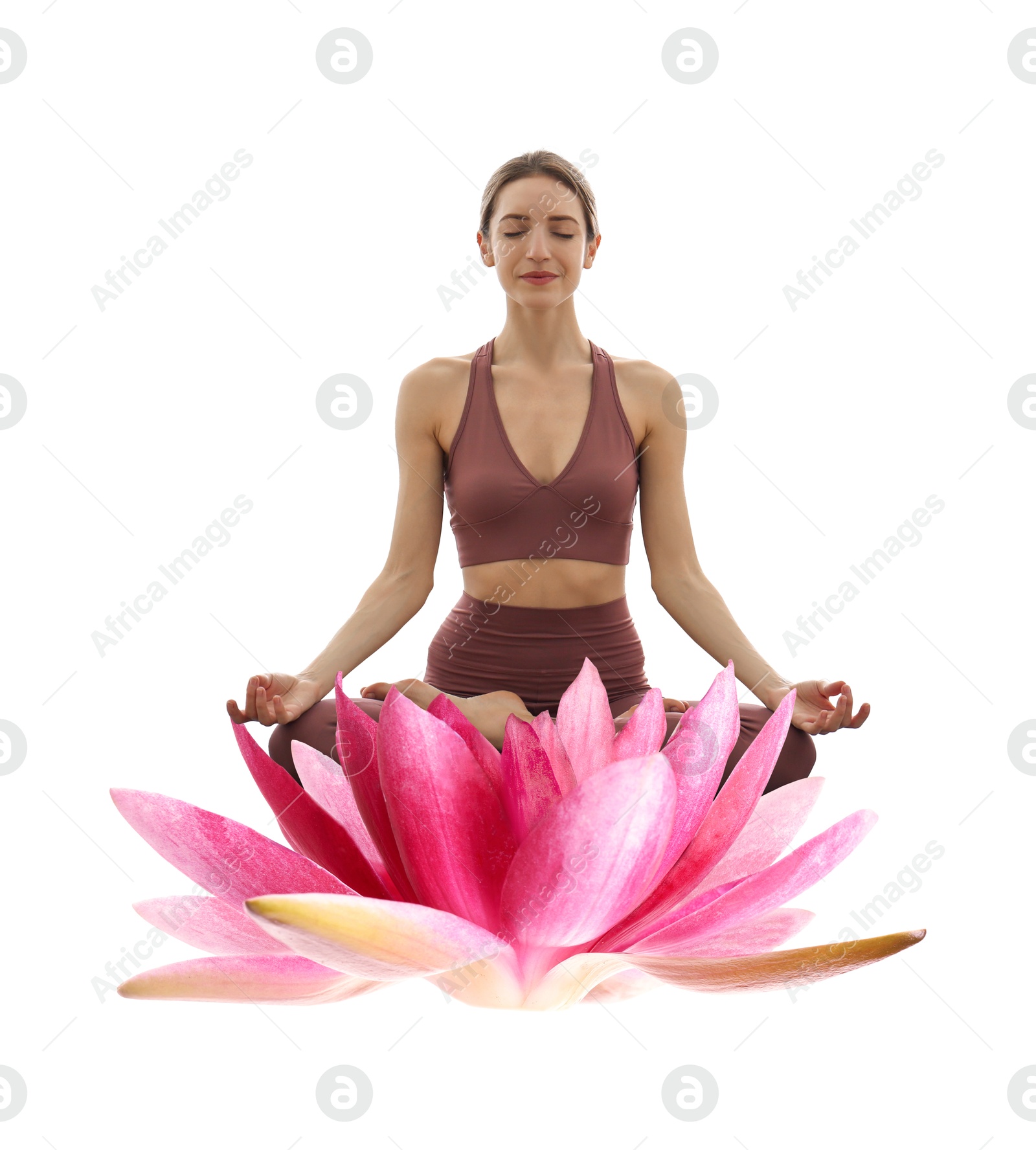 Image of Woman meditating and beautiful lotus flower on white background. Padmasana (yoga lotus position)