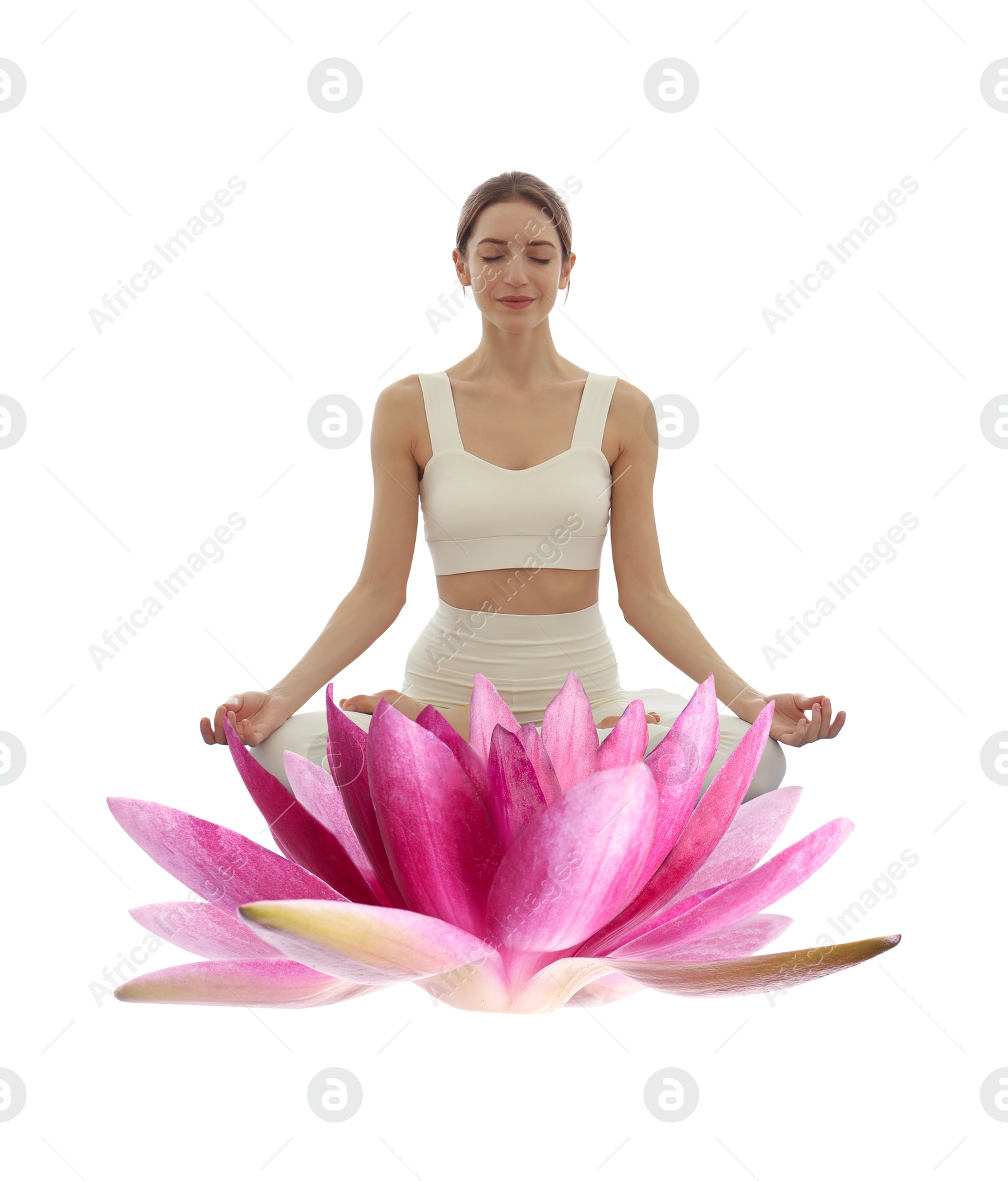 Image of Woman meditating and beautiful lotus flower on white background. Padmasana (yoga lotus position)