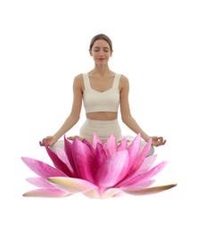 Image of Woman meditating and beautiful lotus flower on white background. Padmasana (yoga lotus position)