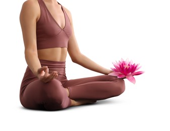 Image of Woman meditating with beautiful lotus flower in her hand on white background, closeup. Padmasana (yoga lotus position)