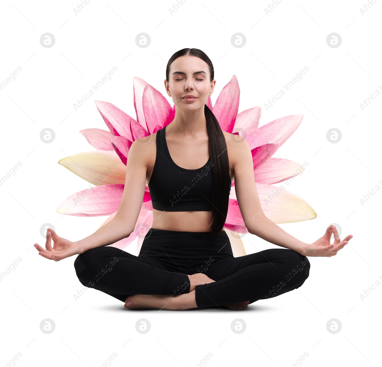 Image of Woman meditating and beautiful lotus flower behind her on white background. Padmasana (yoga lotus position)