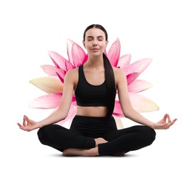 Image of Woman meditating and beautiful lotus flower behind her on white background. Padmasana (yoga lotus position)