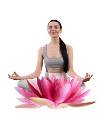 Woman meditating and beautiful lotus flower on white background. Padmasana (yoga lotus position)