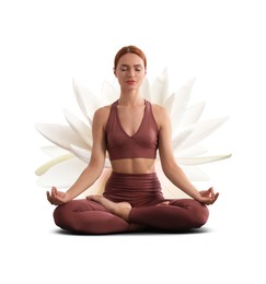 Image of Woman meditating and beautiful lotus flower behind her on white background. Padmasana (yoga lotus position)