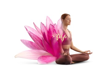 Image of Woman meditating, double exposure with beautiful lotus flower on white background. Padmasana (yoga lotus position)