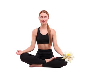 Image of Woman meditating with beautiful lotus flower in her hand on white background. Padmasana (yoga lotus position)