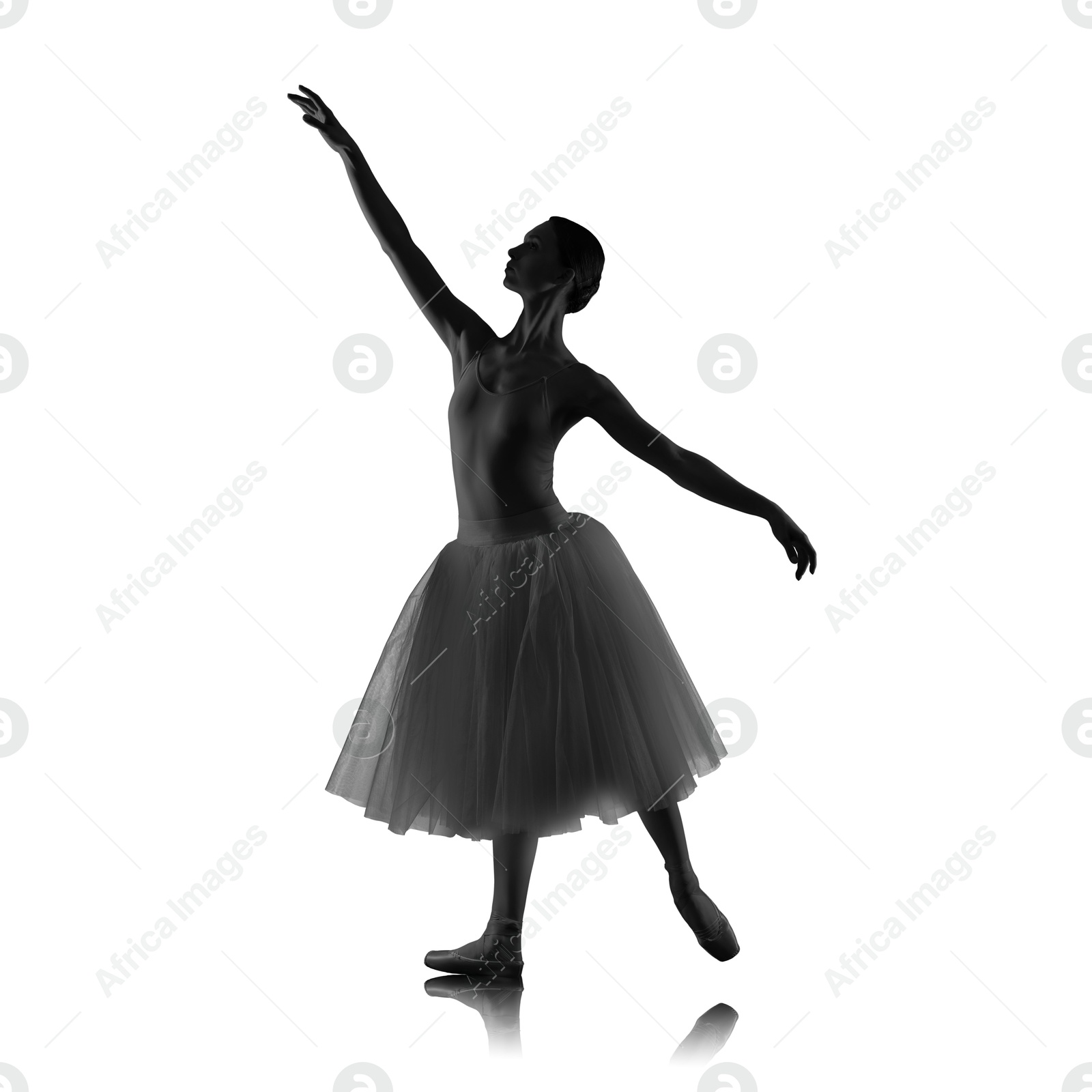 Image of Silhouette of ballerina practicing dance moves on white background