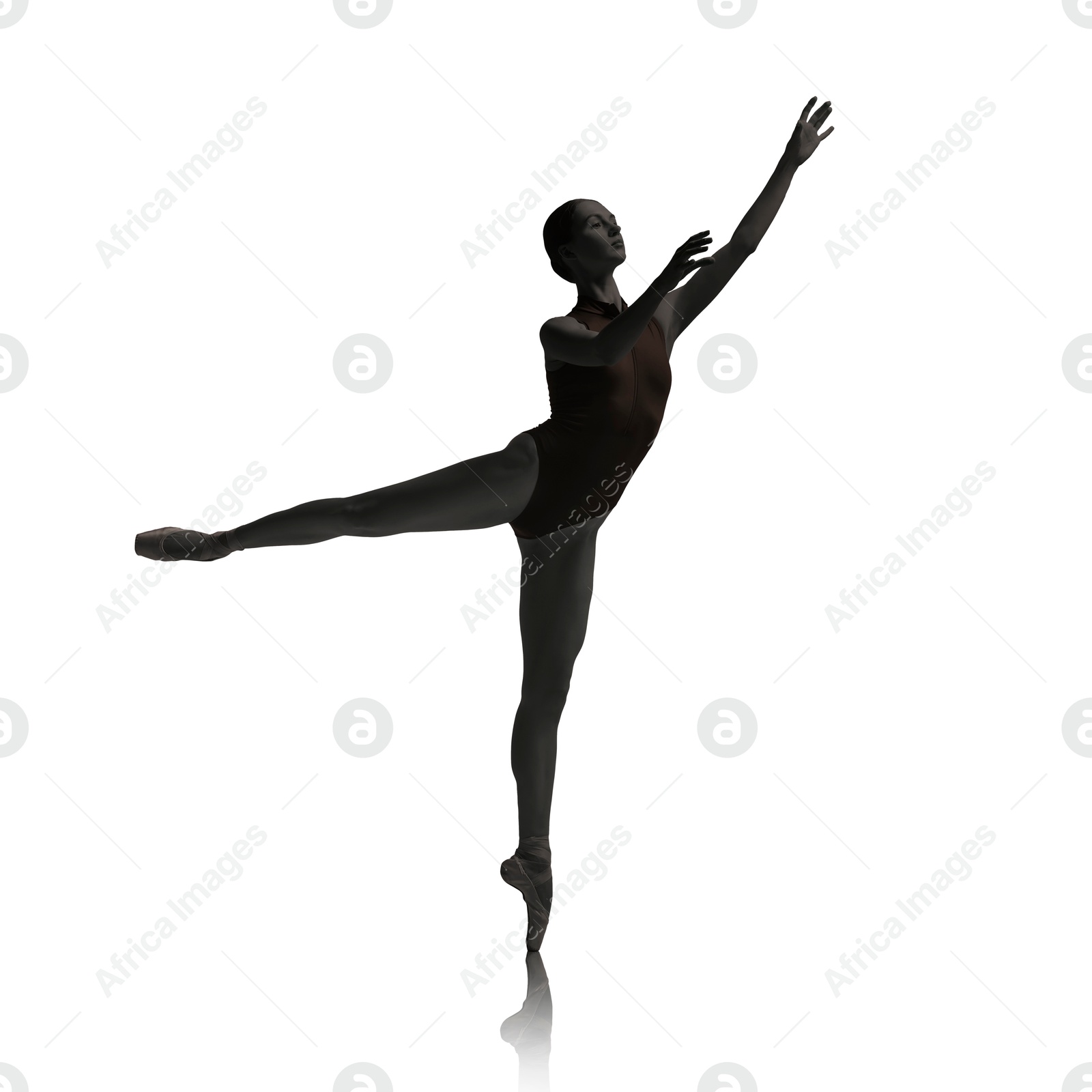 Image of Silhouette of ballerina practicing dance moves on white background