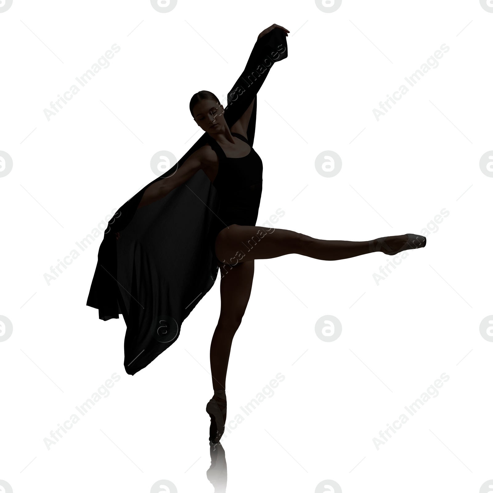 Image of Silhouette of ballerina practicing dance moves on white background