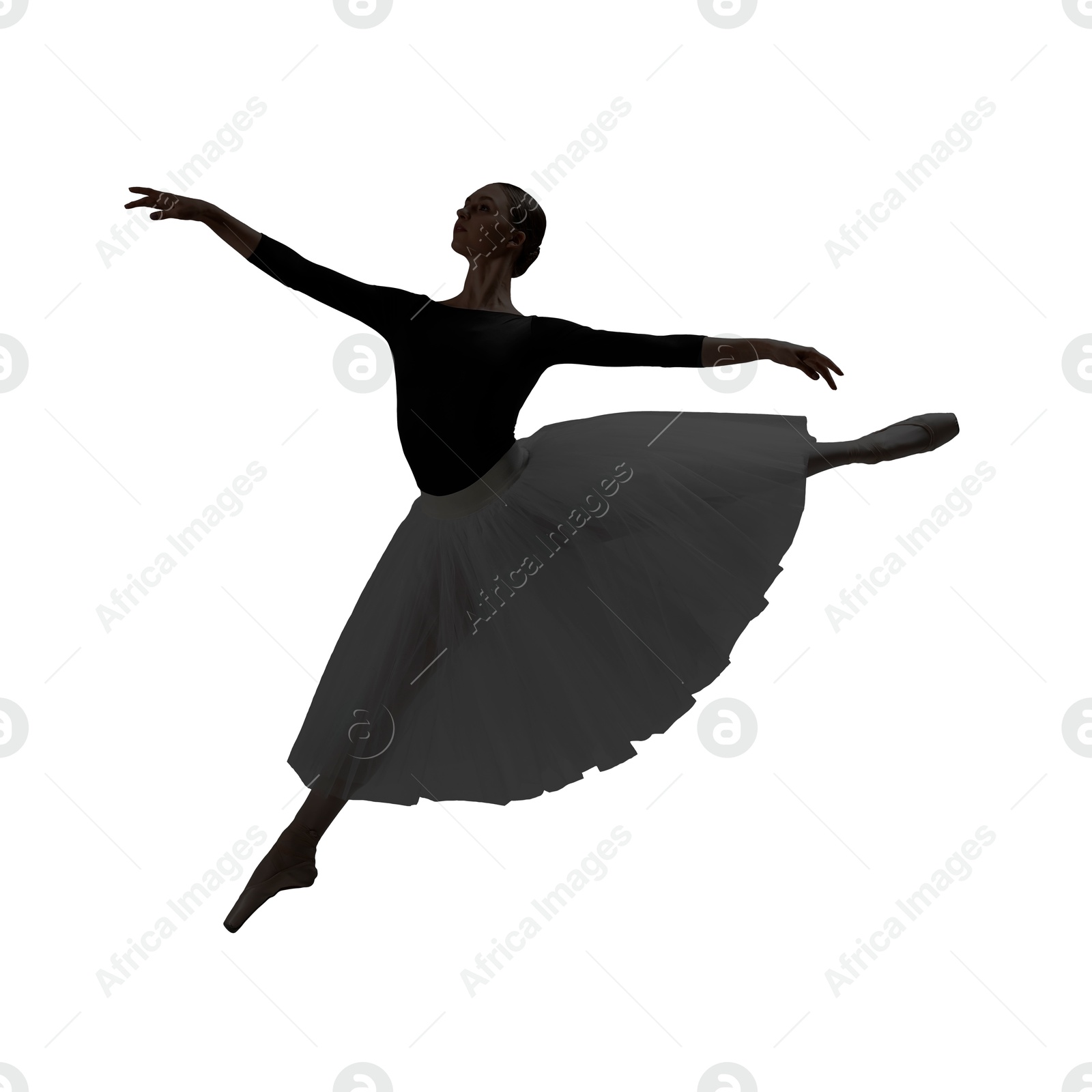 Image of Silhouette of ballerina practicing dance moves on white background