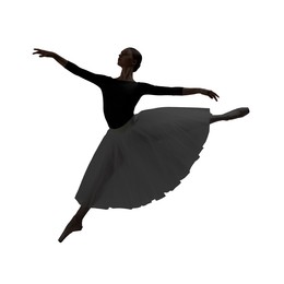 Image of Silhouette of ballerina practicing dance moves on white background