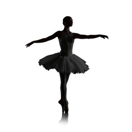 Image of Silhouette of ballerina practicing dance moves on white background