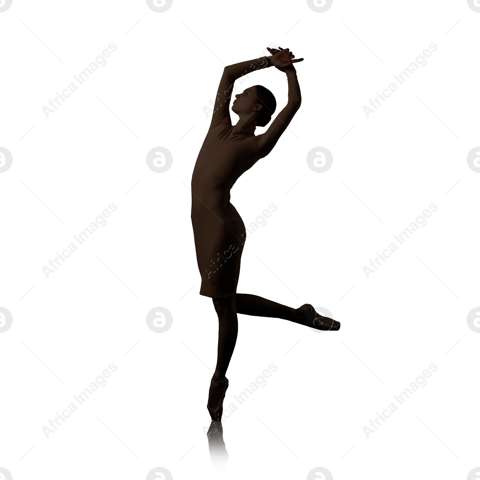 Image of Silhouette of ballerina practicing dance moves on white background